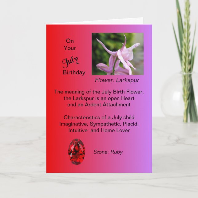 July Birthday Card - Larkspur and Ruby (Front)