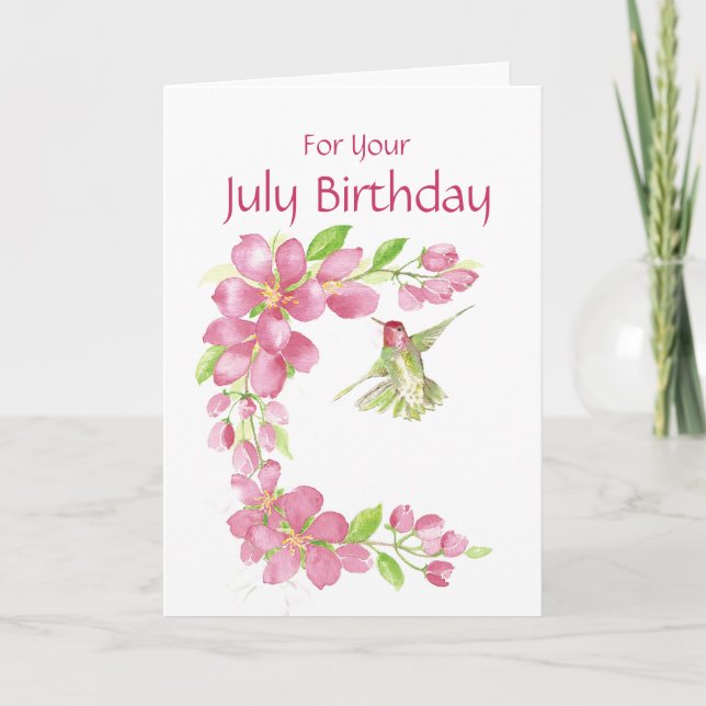 July Birthday Cherry Blossom & Hummingbird Card (Front)