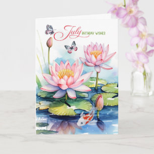 July Birthday Pink Waterlilies and Koi Fish Card
