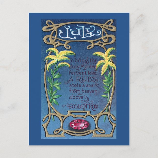 July Birthday Ruby and Goldenrod Postcard (Front)