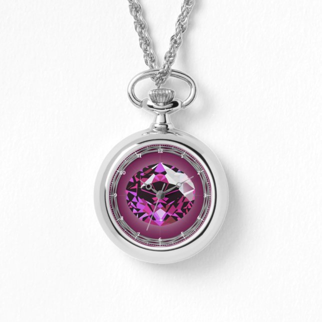 July Birthstone Round Necklace, Silver Plated Watch (Front)