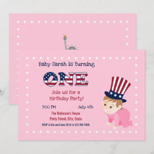 July fourth 1st Birthday Baby Girl Party  Invitation