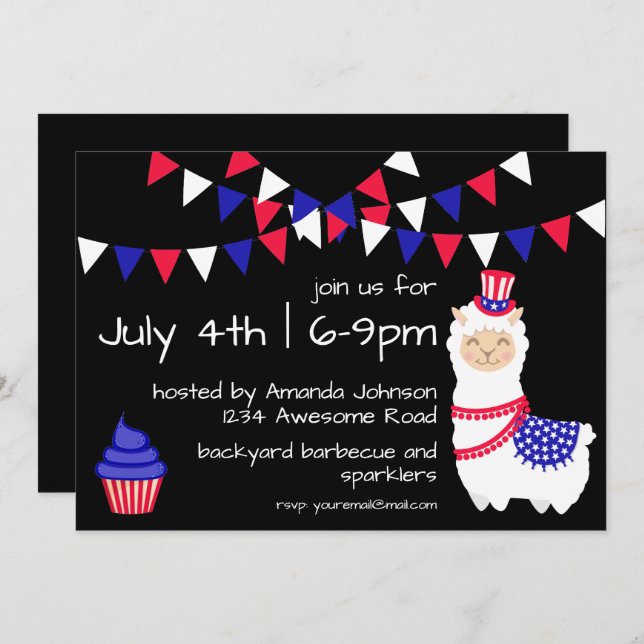 July Fourth Llama Party Invitation (Front/Back)