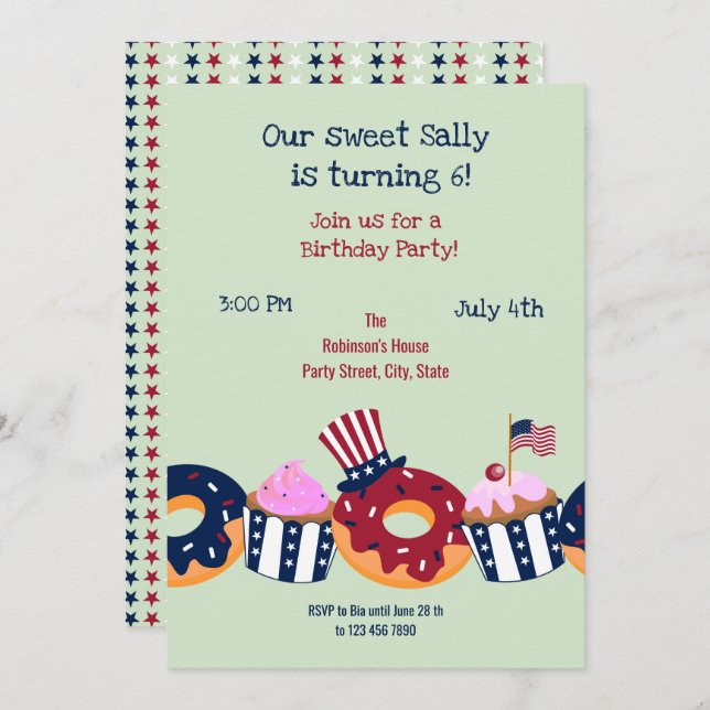 July fourth Sweet Birthday Girl Party  Invitation (Front/Back)