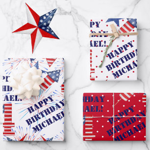 July Happy Birthday Personalise Name 3 Gift Wrapping Paper Sheet
