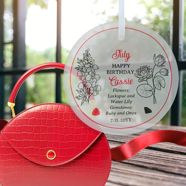 July Larkspur and Water Lily Birthday Keepsake Glass Tree Decoration (July Larkspur and Water Lily Floral | Ruby and Onyx Gemstones Birthday Keepsake Glass Ornament)