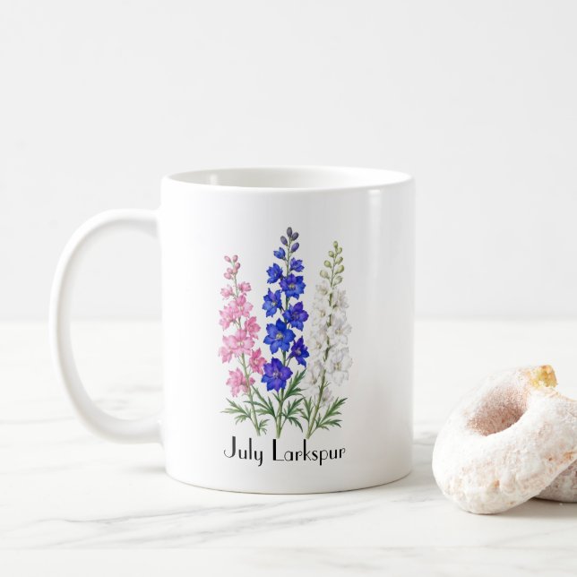 July Larkspur Flowers Coffee Mug (With Donut)