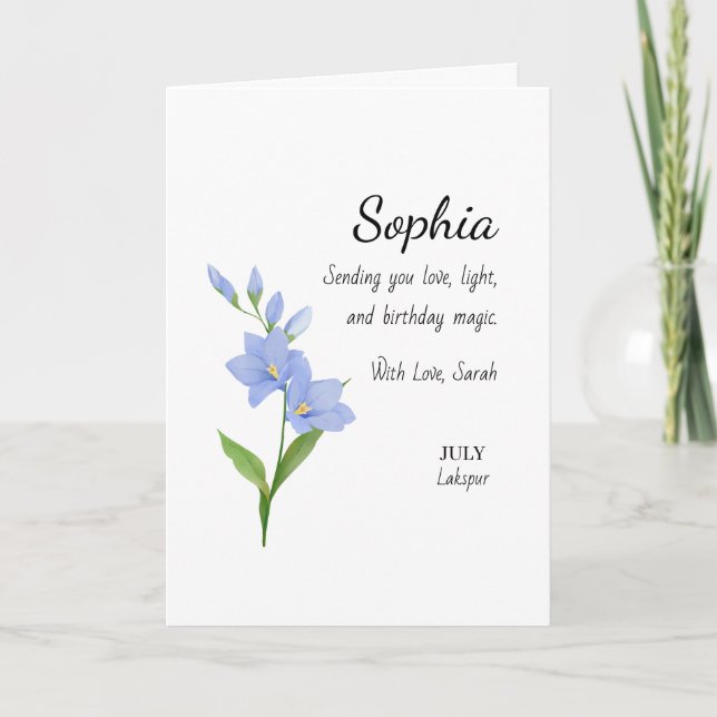 July Larkspur Personalized Birthday Card (Front)