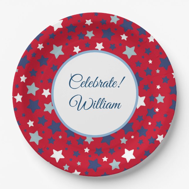 July Personalise Name Red White Blue Paper Plate (Front)