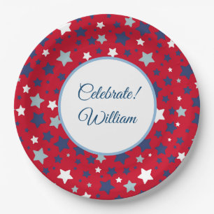 July Personalize Name Red White Blue Paper Plate