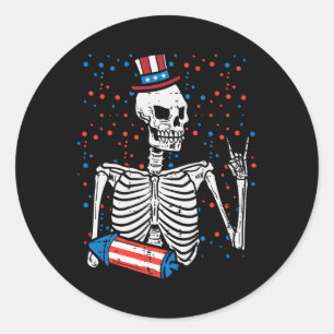 July Rocker Skeleton Patriotic Rock Men Boys Kids Classic Round Sticker
