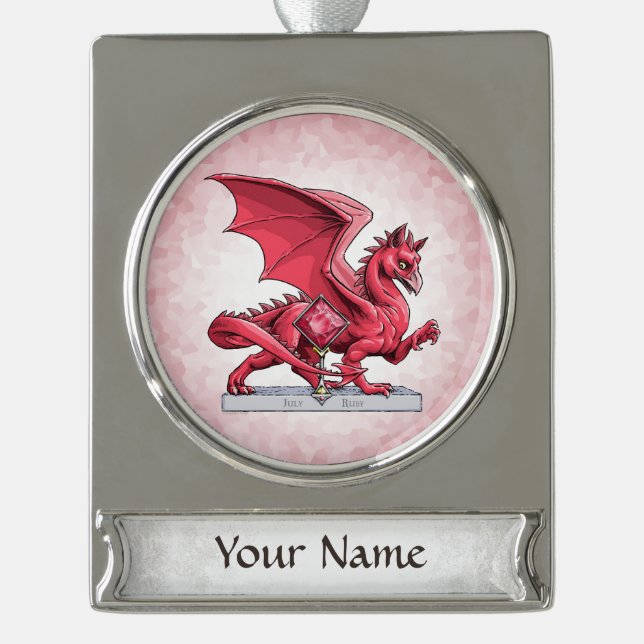 July’s Birthstone Dragon: Ruby Silver Plated Banner Ornament (Front)