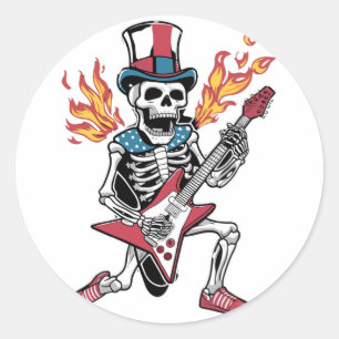 July Skeleton Playing Guitar Rock And Roll Usa Ske Classic Round Sticker