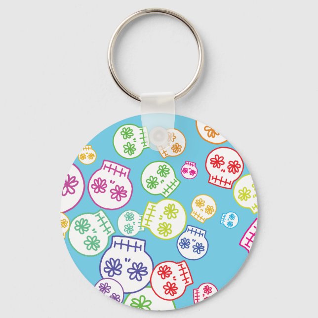 Jumble Of Colourful Skull Doodles Key Ring (Front)