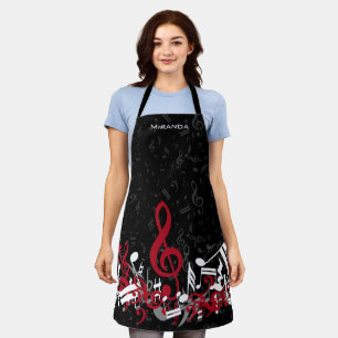 Jumbled Music Notes Red Grey and White on Black Apron