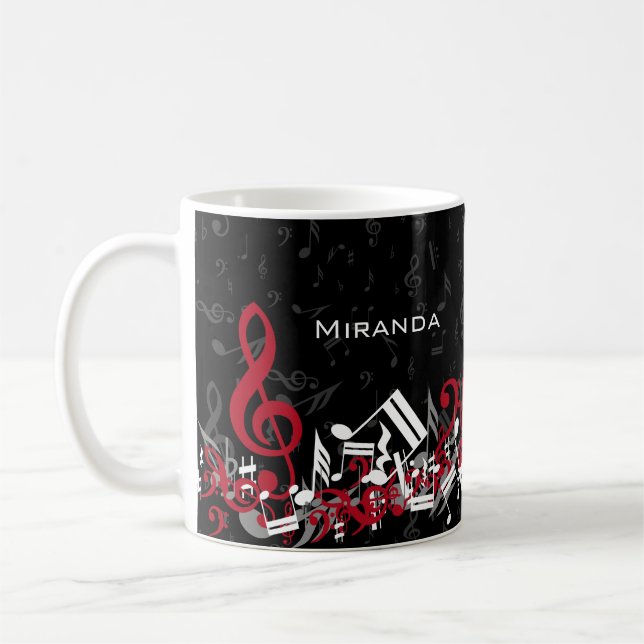Jumbled Music Notes Red Grey and White on Black Coffee Mug (Left)
