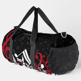 Jumbled Music Notes Red Grey and White on Black Duffle Bag