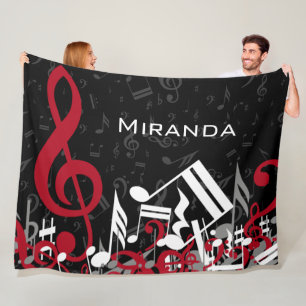 Jumbled Music Notes Red Grey and White on Black Fleece Blanket