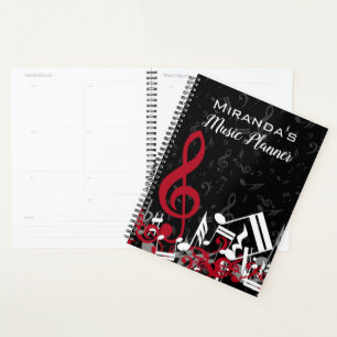 Jumbled Music Notes Red Grey and White on Black Planner