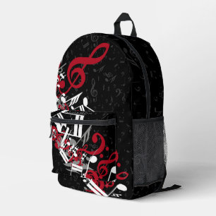 Jumbled Music Notes Red Grey and White on Black Printed Backpack