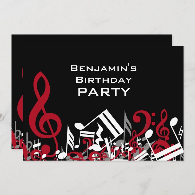 Jumbled Music Notes Red Grey White Birthday Party Invitation (Front/Back)