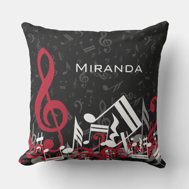 Jumbled Music Notes Red White Grey on Black Cushion (Front)