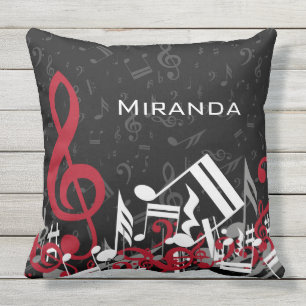 Jumbled Music Notes Red White Grey on Black Cushion