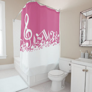 Jumbled Musical Notes Hot Pink and White Shower Curtain