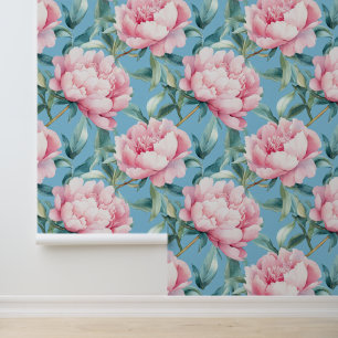 Jumbo Blush Pink Peonies with Sky Blue Background Wallpaper