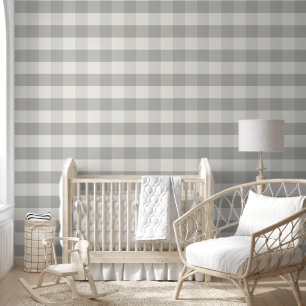 Jumbo Buffalo Check Plaid Soft Gray and White Wallpaper
