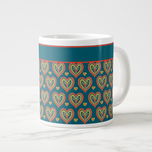 Jumbo Coffee Mug, Red, Green Hearts on Teal Large Coffee Mug (Front Right)