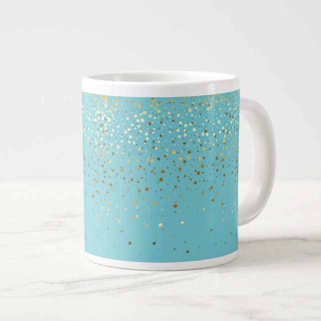 Jumbo Mug-Petite Golden Stars-Aqua Large Coffee Mug (Front Right)
