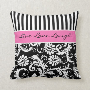 Jumbo Pink Black White Stripes Damask Pillow