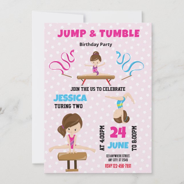 Jump and Tumble Gymnastics Birthday Invitation (Front)
