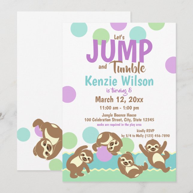 Jump and Tumble Sloths Birthday Party Invitation (Front/Back)