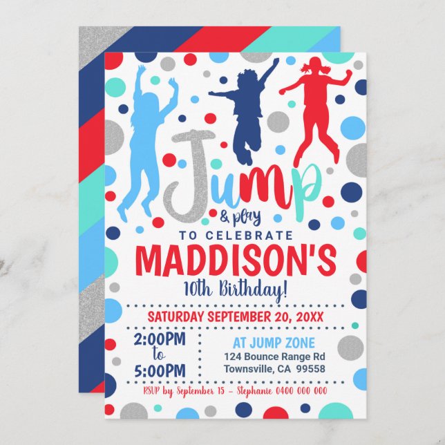 Jump Birthday Invitation Boy Girl Jump Trampoline (Front/Back)