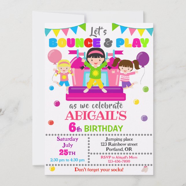 Jump birthday invitation Girl bounce house invite (Front)