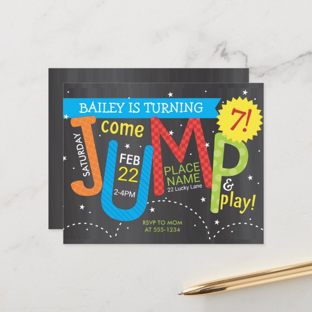 Jump Birthday Party Colours on Chalk Budget Invite (Front/Back In Situ)
