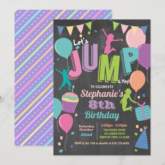Jump birthday party. Girls trampoline chalkboard Invitation (Front/Back)