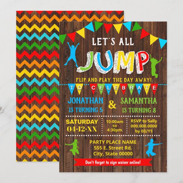 Jump birthday trampoline bounce combined party invitation (Front/Back)