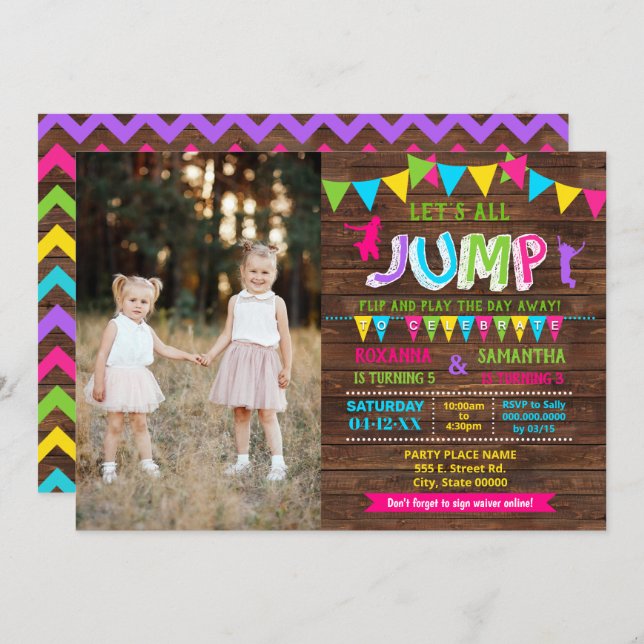 Jump birthday trampoline combined pink party invitation (Front/Back)