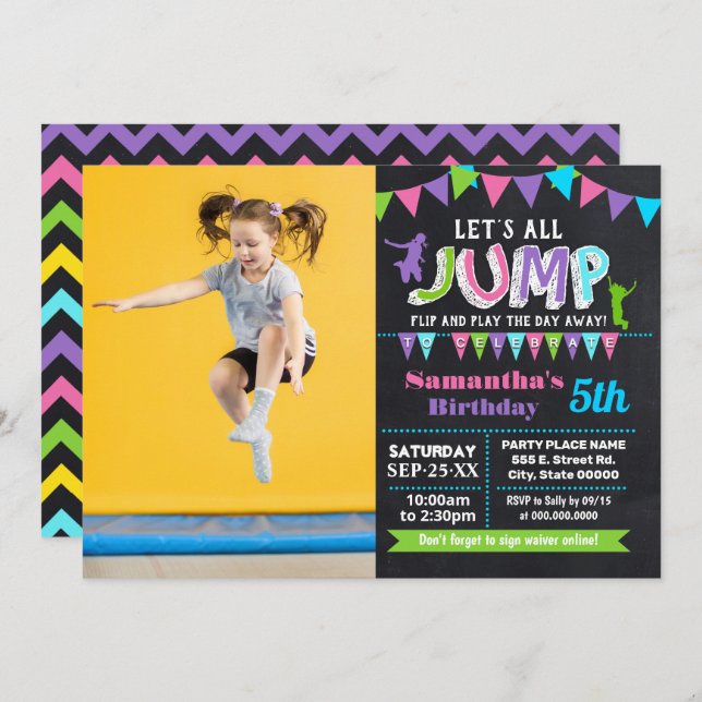 Jump birthday trampoline pink chalkboard photo invitation (Front/Back)