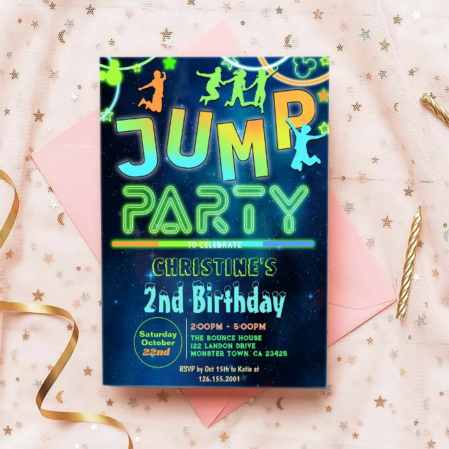 Jump Bounce Neon Jumping Trampoline Birthday Party Invitation (Creator Uploaded)