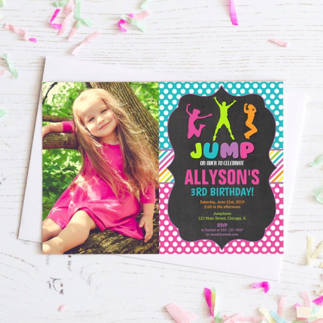 Jump bounce trampoline birthday party photo invitation (Creator Uploaded)