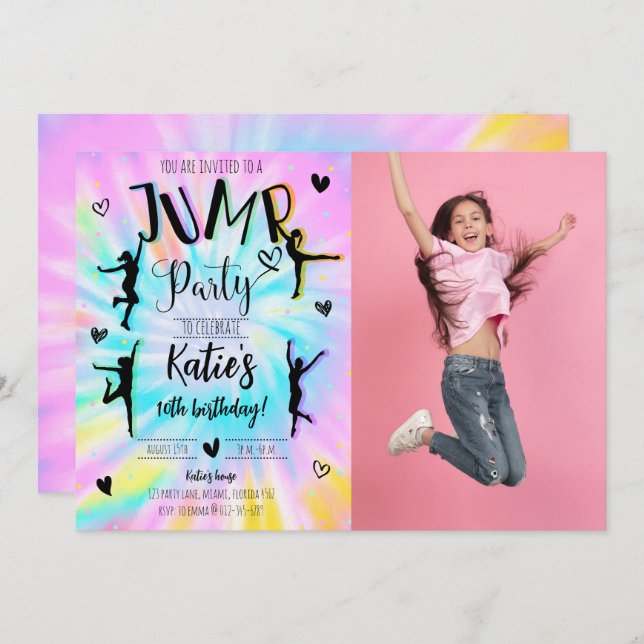 Jump Girl Tie Dye Birthday Party Photo Invitation (Front/Back)