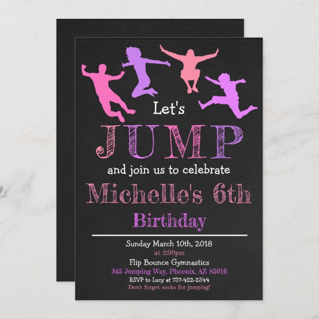 Jump Gymnastics Flip Chalkboard Girl Birthday Invitation (Front/Back)