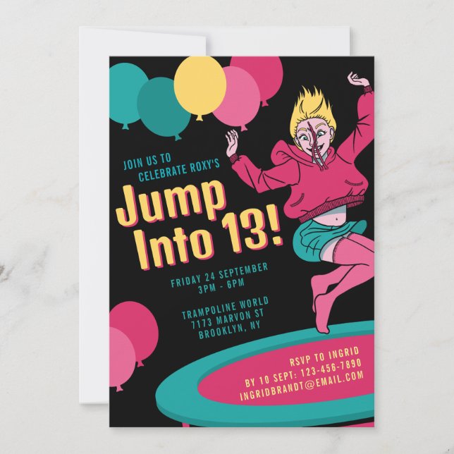 Jump Into 13 Trampoline Girl 13th Birthday Invitation (Front)