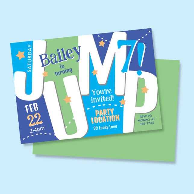 Jump Party Cute Blue Green Boy Birthday  Invitation (Creator Uploaded)