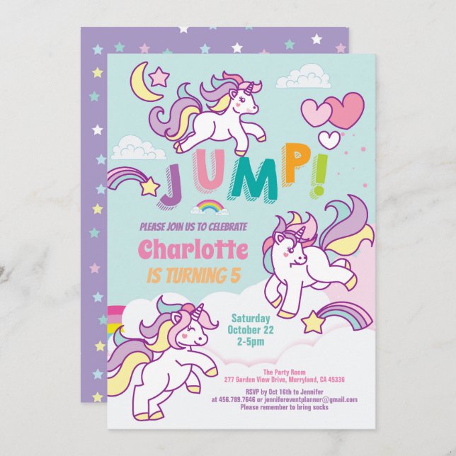Jump party unicorn girl birthday pastel colour invitation (Front/Back)