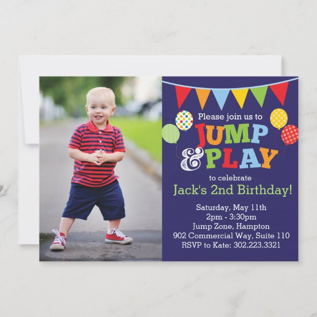 Jump & Play Balloons Photo Invitation (Navy Blue) (Front)